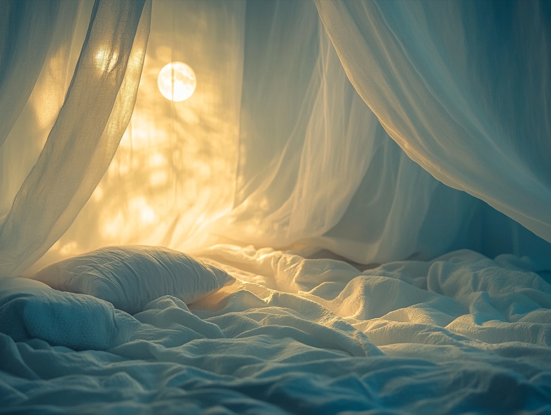 An unmade bed under a sheer canopy, with a round lamp glowing warm behind the fabric.