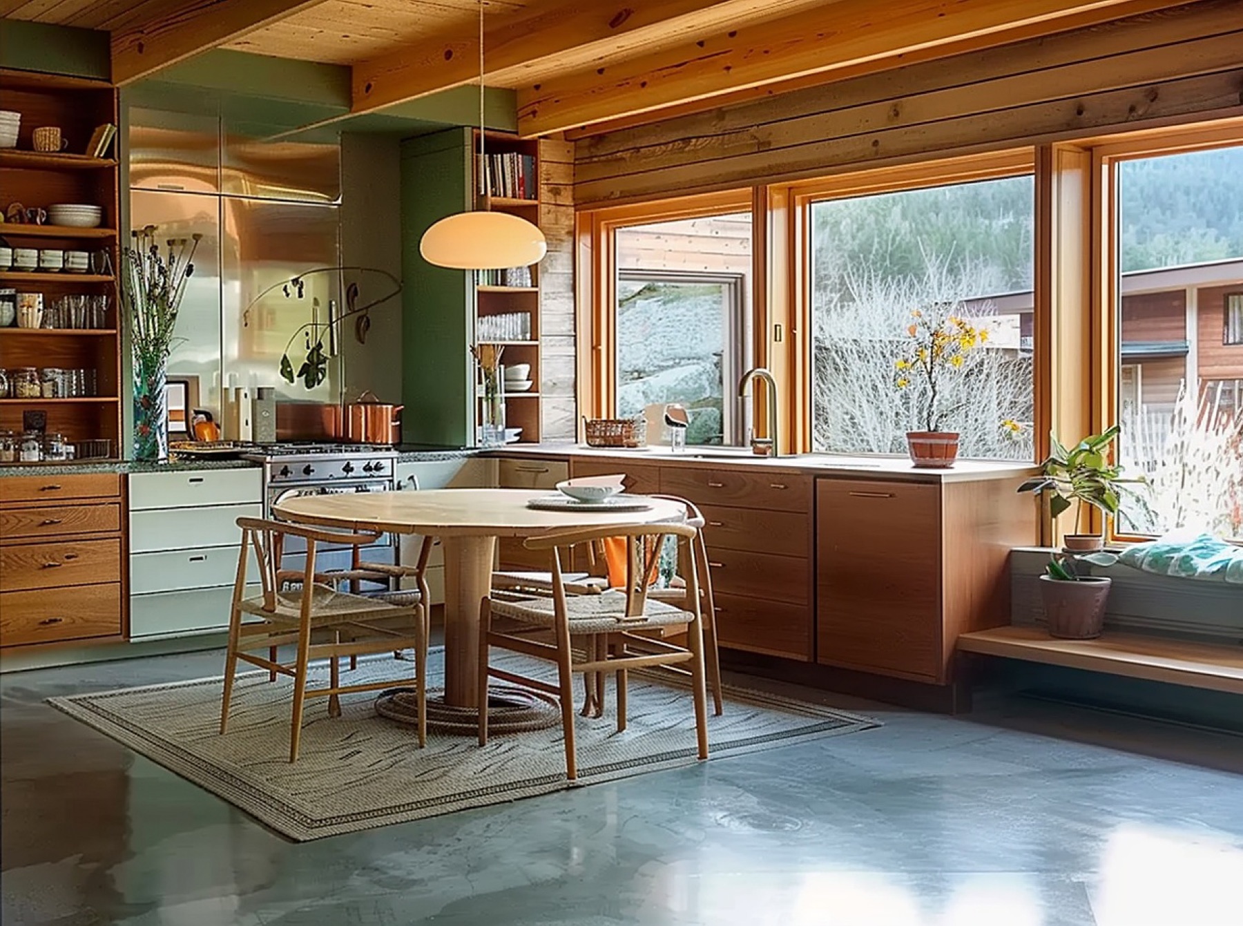 A kitchen in soft morning light: a round wooden table, a pendant lamp, and a small yellow flowering branch on the windowsill.