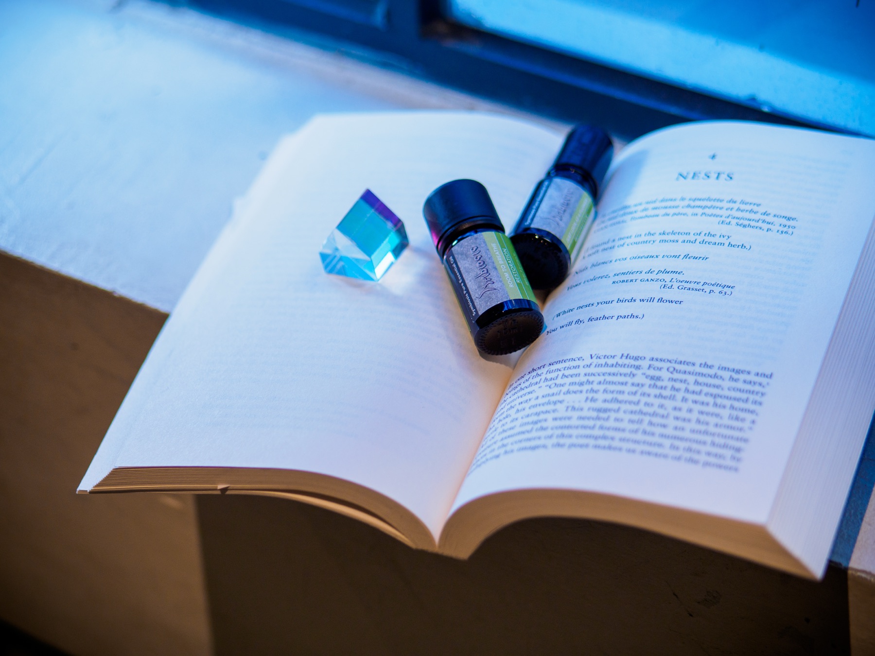 Two small amber bottles of essential oil resting on an open book beside a glass house.